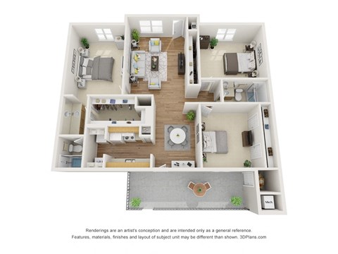 Floor plan for 3 beds, 2 baths, 1230 sqft